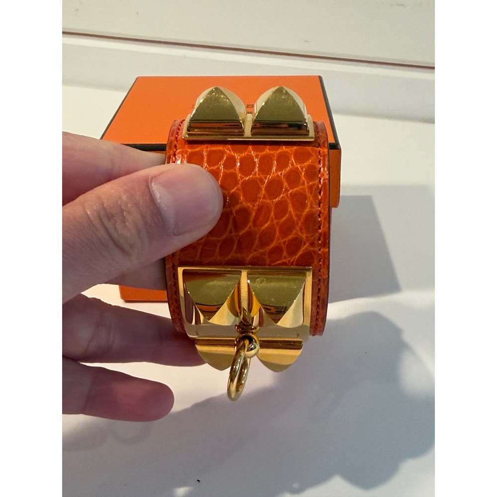 Hermes Collier de Chien CDC Bracelet Orange Alligator Gold Hardware Cuff Box - Picture 3 of 9